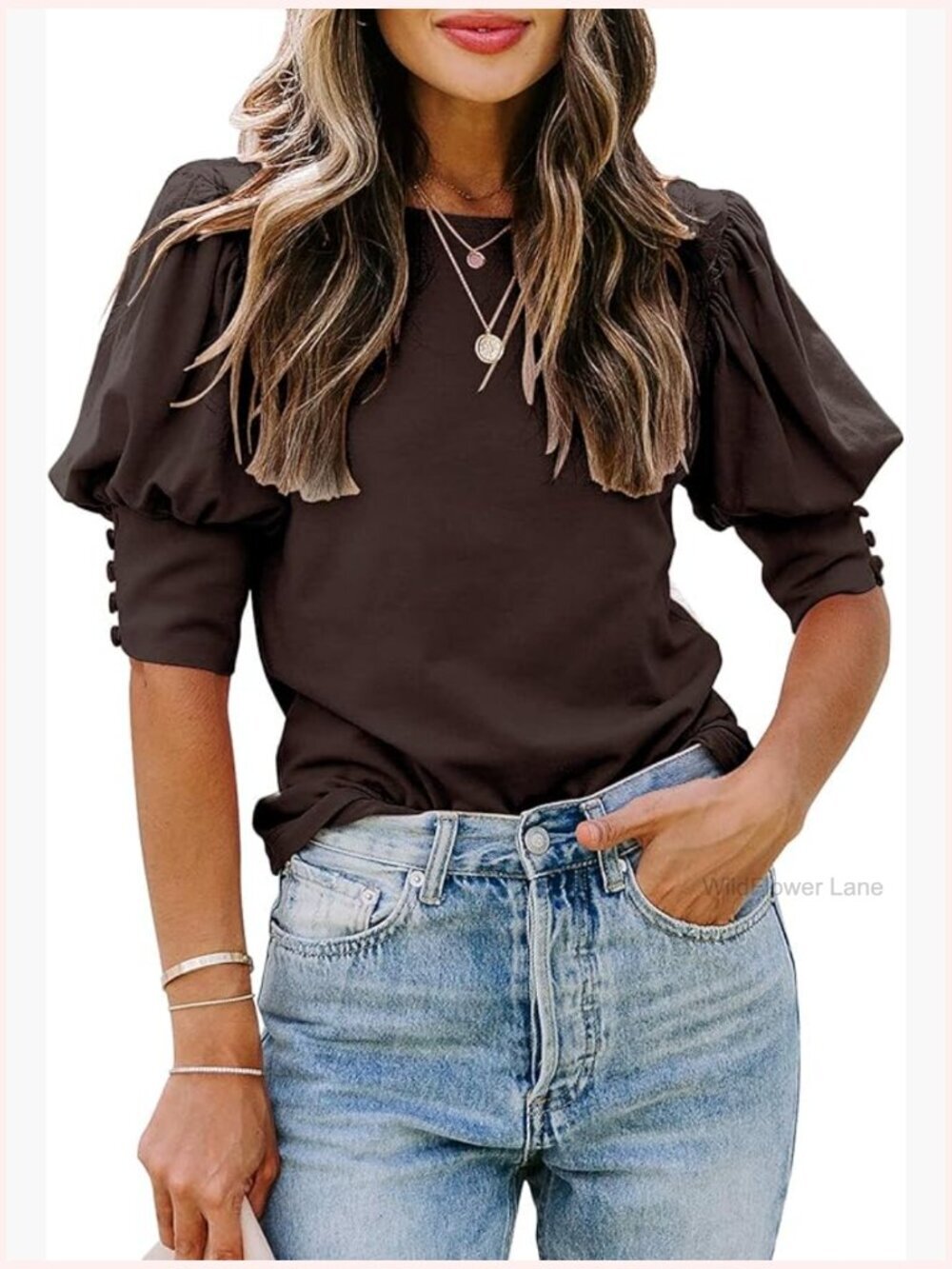 Puff Sleeve Blouse - Casual Crewneck Summer Top Soft Stretchy